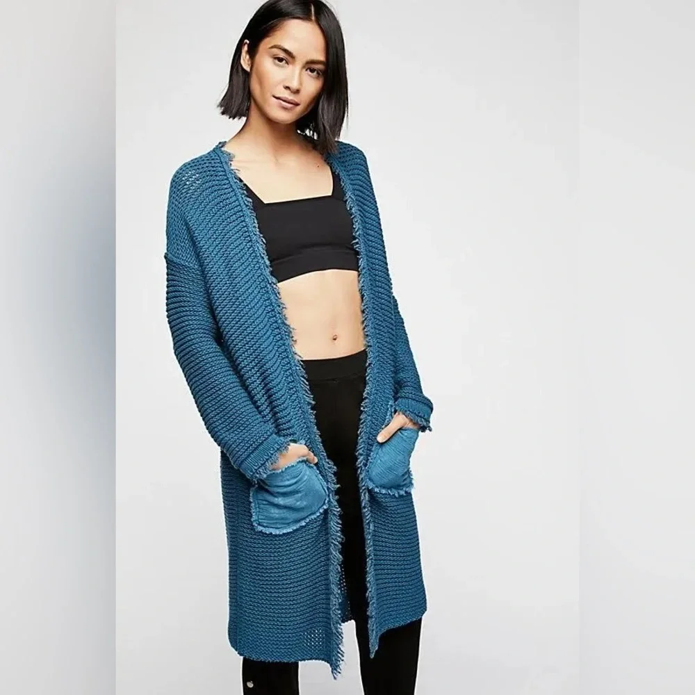 Free People Woodstock Cardigan Blue Open Knit Long Boho Slouchy Cozy Sweater - Picture 14 of 14